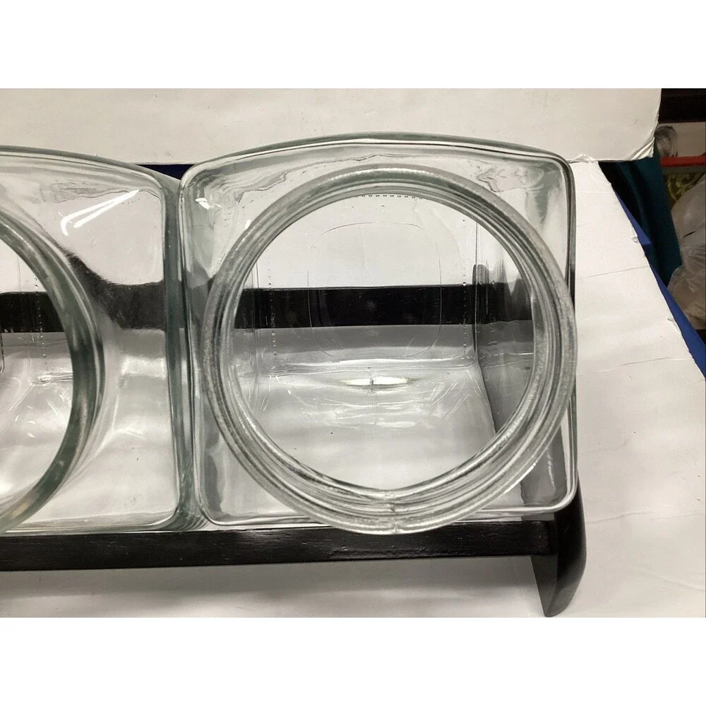 vintage glass storage slanted jars w/black lids set of 3 w/rack 8-3/4”H